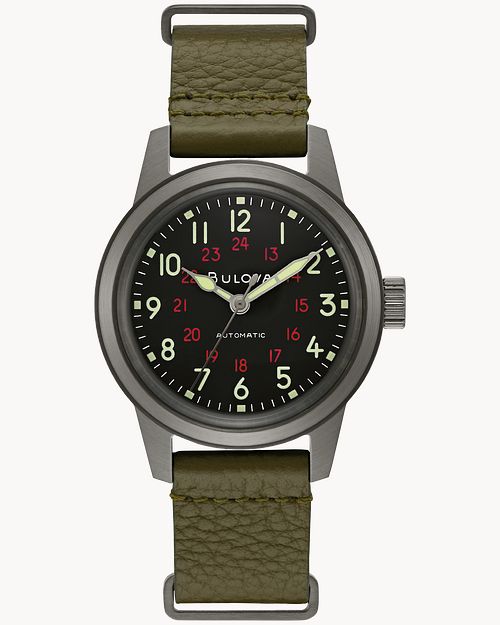 ブローバ Bulova Military 98A255 38mm 自動巻ブラック Black Dial Leather Strap Hack Watch 98A255 | Bulova